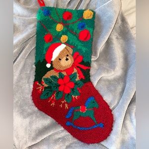 Vtg yarn knitted teddy bear stocking velvet back
